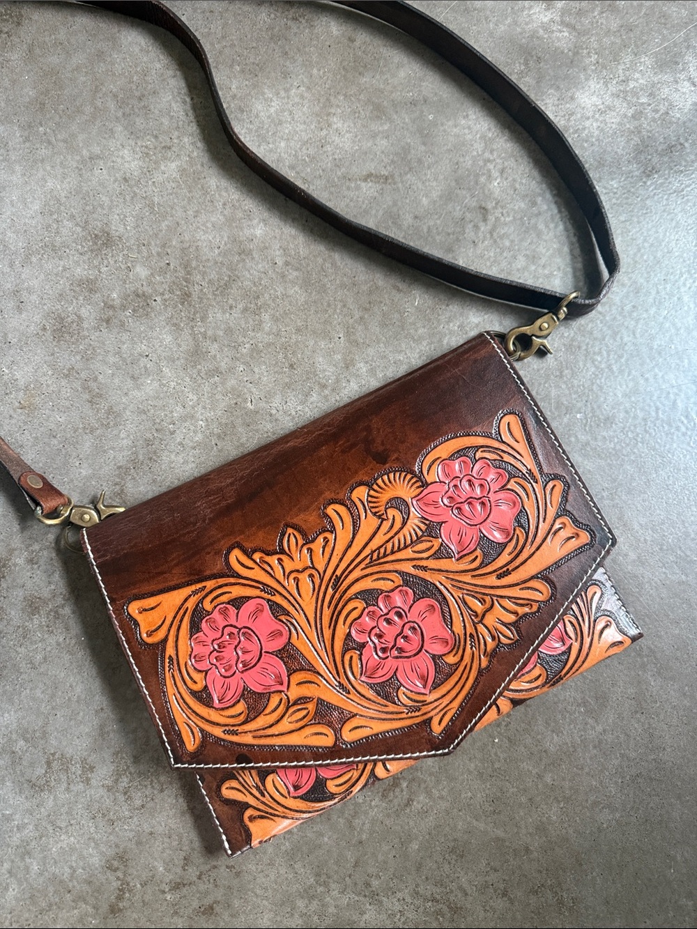 American Darling Brown Leather Crossbody with Pink Floral Tooled Design